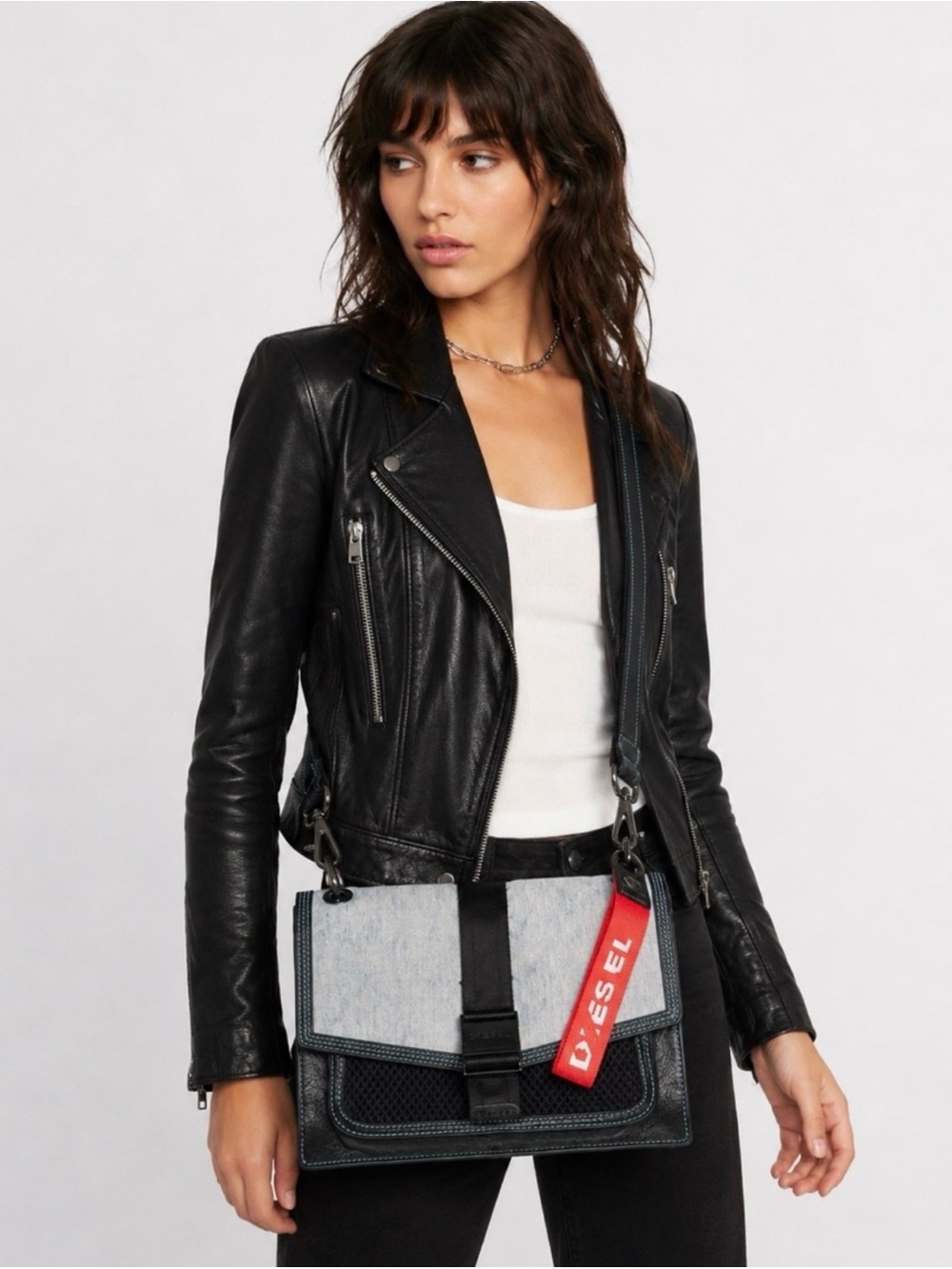 Diesel Miss-Match Denim & Black Leather Crossbody Messenger Bag NWT Rare
